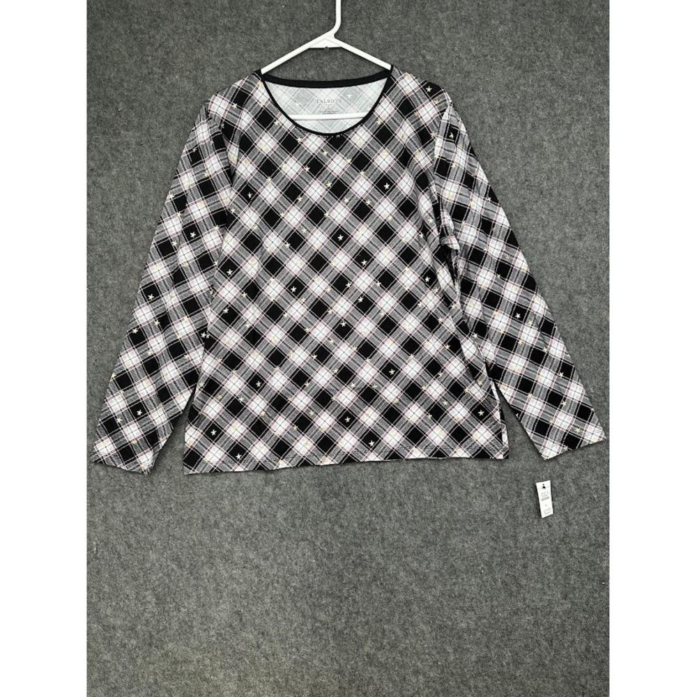 Talbots Womens XL‎ Plaid Gold Star Long Sleeve Crewneck Cotton Top Black White